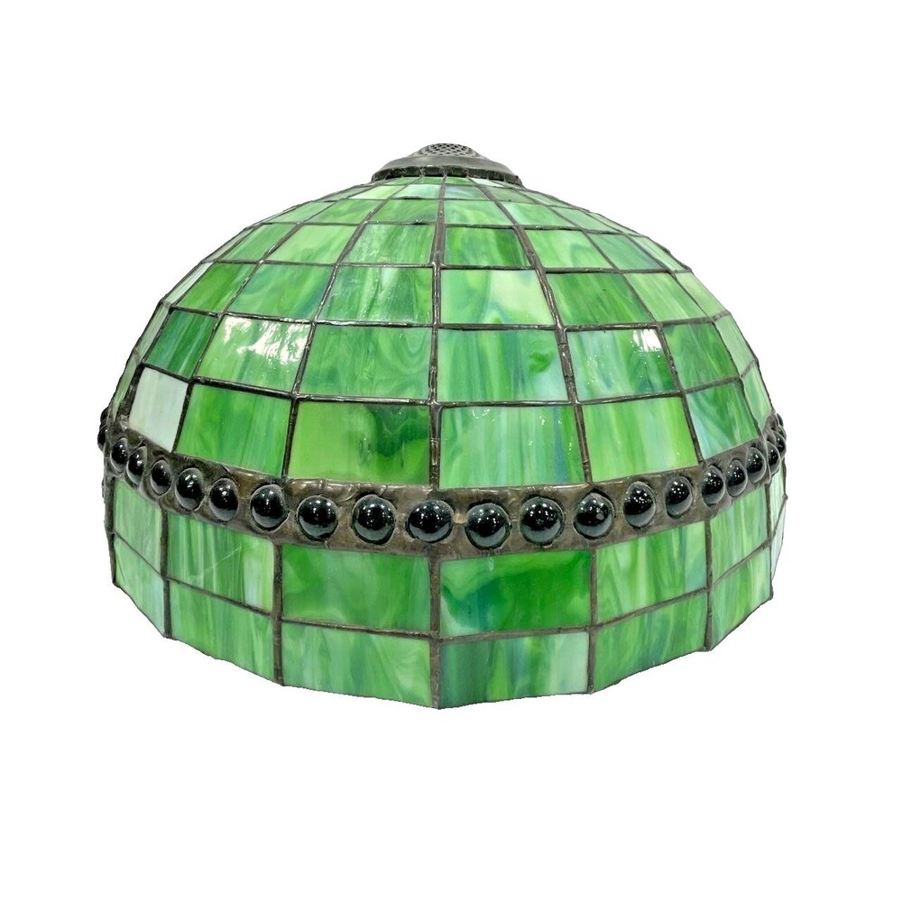 Vintage Green Stained Slag Glass Tiffany Style Lamp Shade Beaded Rim Lead Glass